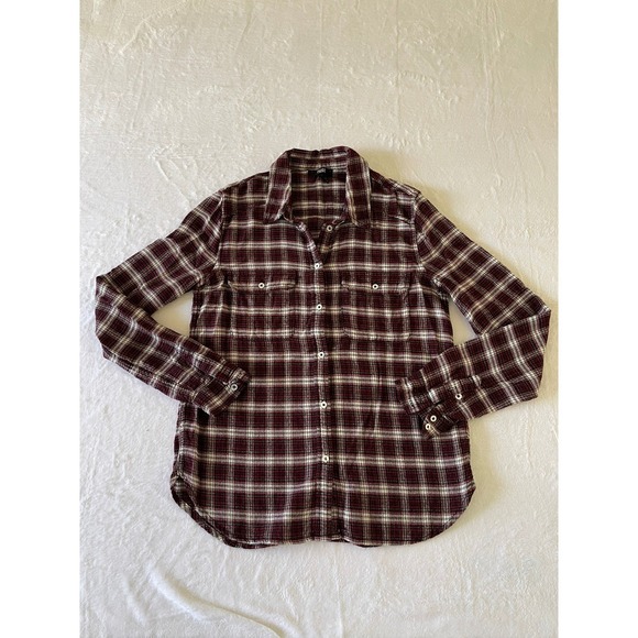 PAIGE Tops - PAIGE Womens Small Plaid Flannel Button Down Shirt Burgundy Black Cotton Rayon